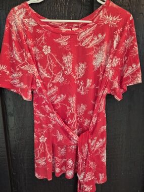 Anthropologie Red Floral Tie-Front Tunic